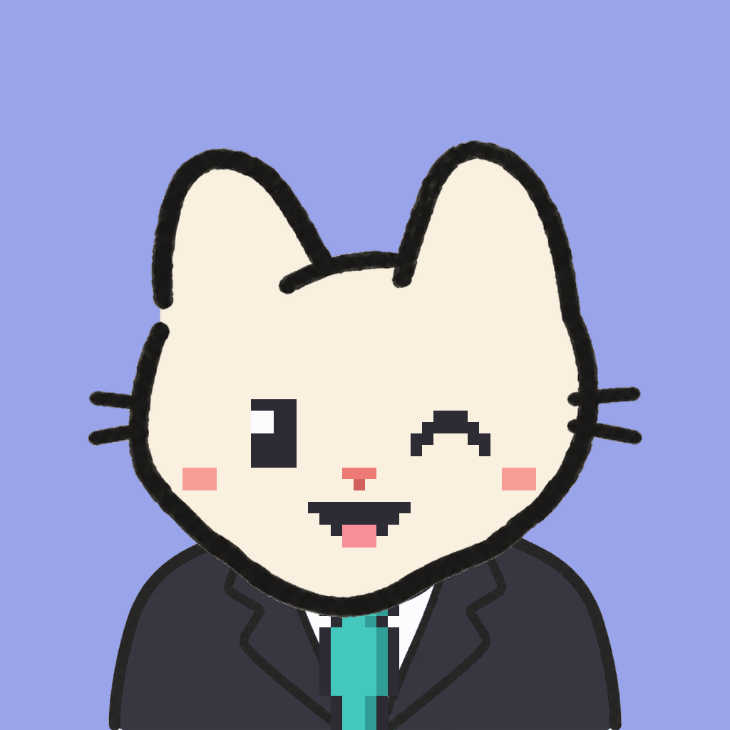 Employee #0086 — a cream cat, in a black suit, with a teal tie, on periwinkle