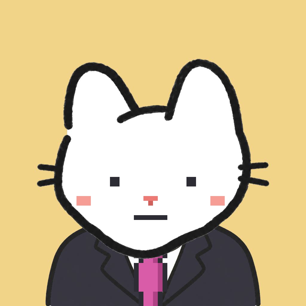 Employee #0860 — a white cat, in a black suit, with a magenta tie, on butter