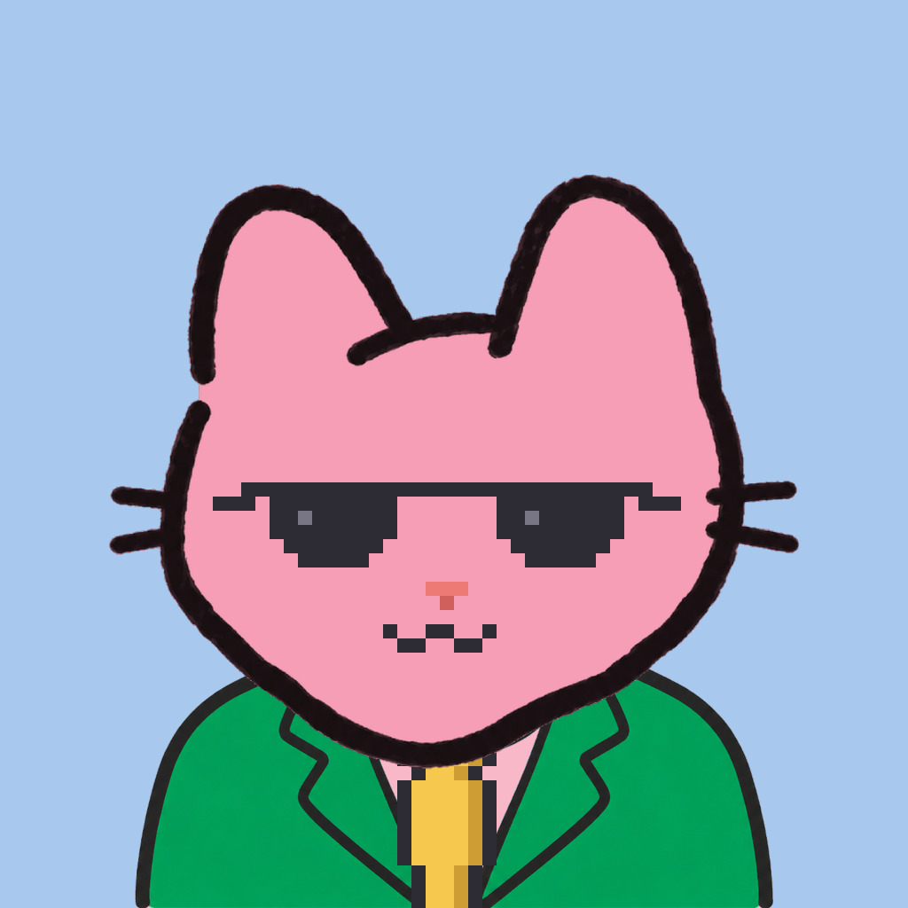 Employee #0861 — a pink cat, in a green suit, with a gold tie, wearing shades glasses, on sky