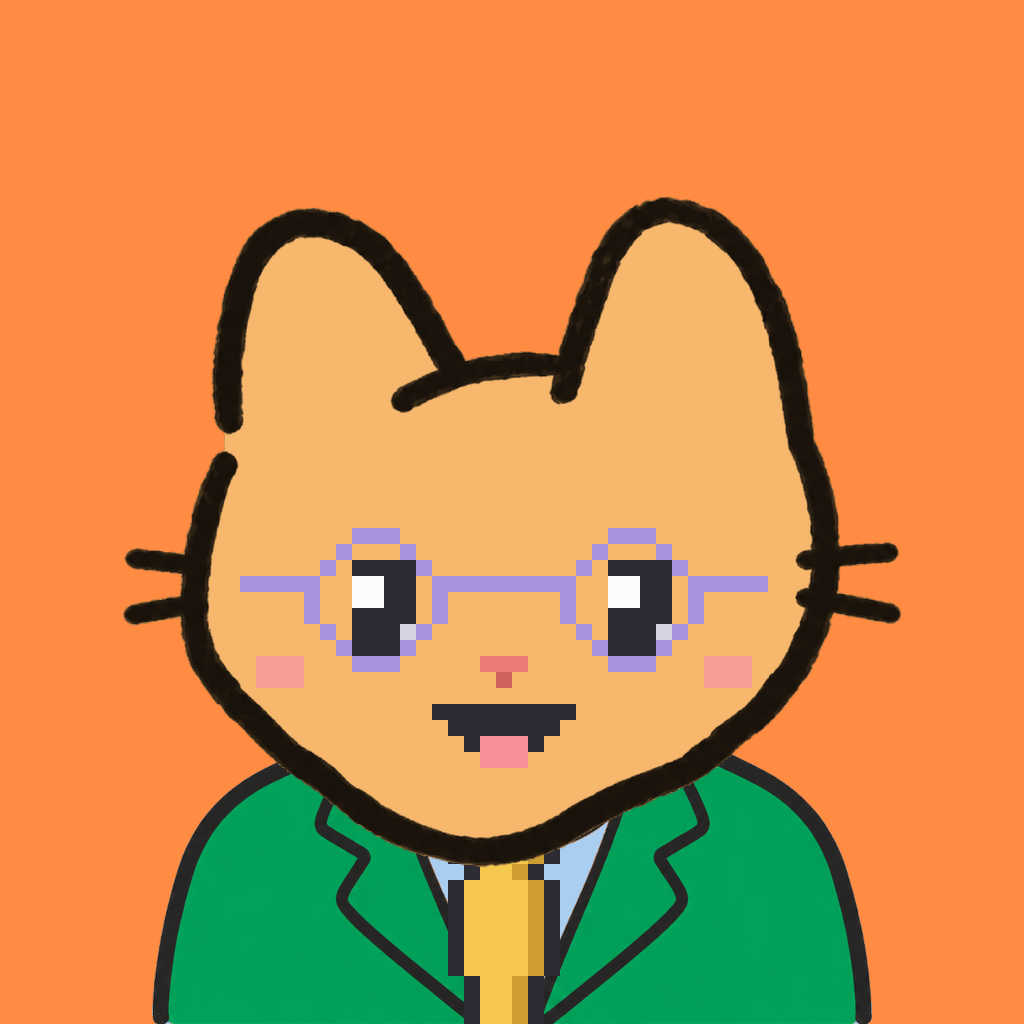 Employee #0862 — a tabby cat, in a green suit, with a gold tie, wearing round-lavender glasses, on tangerine