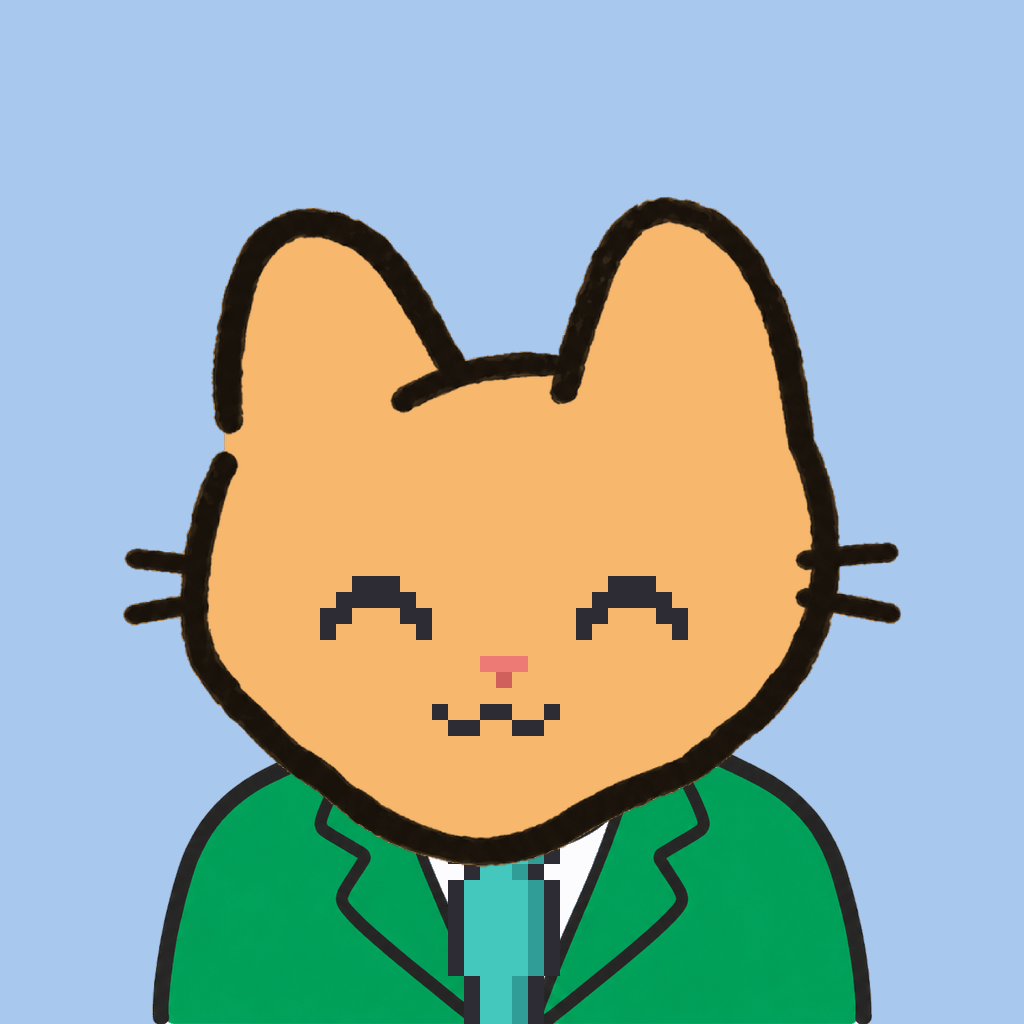 Employee #0863 — a tabby cat, in a green suit, with a teal tie, on sky