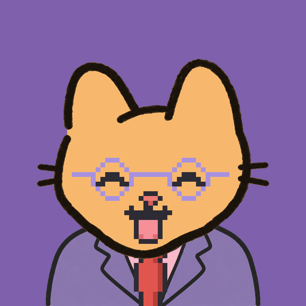 Employee #0864 — a tabby cat, in a lavender suit, with a red tie, wearing round-lavender glasses, on plasma violet