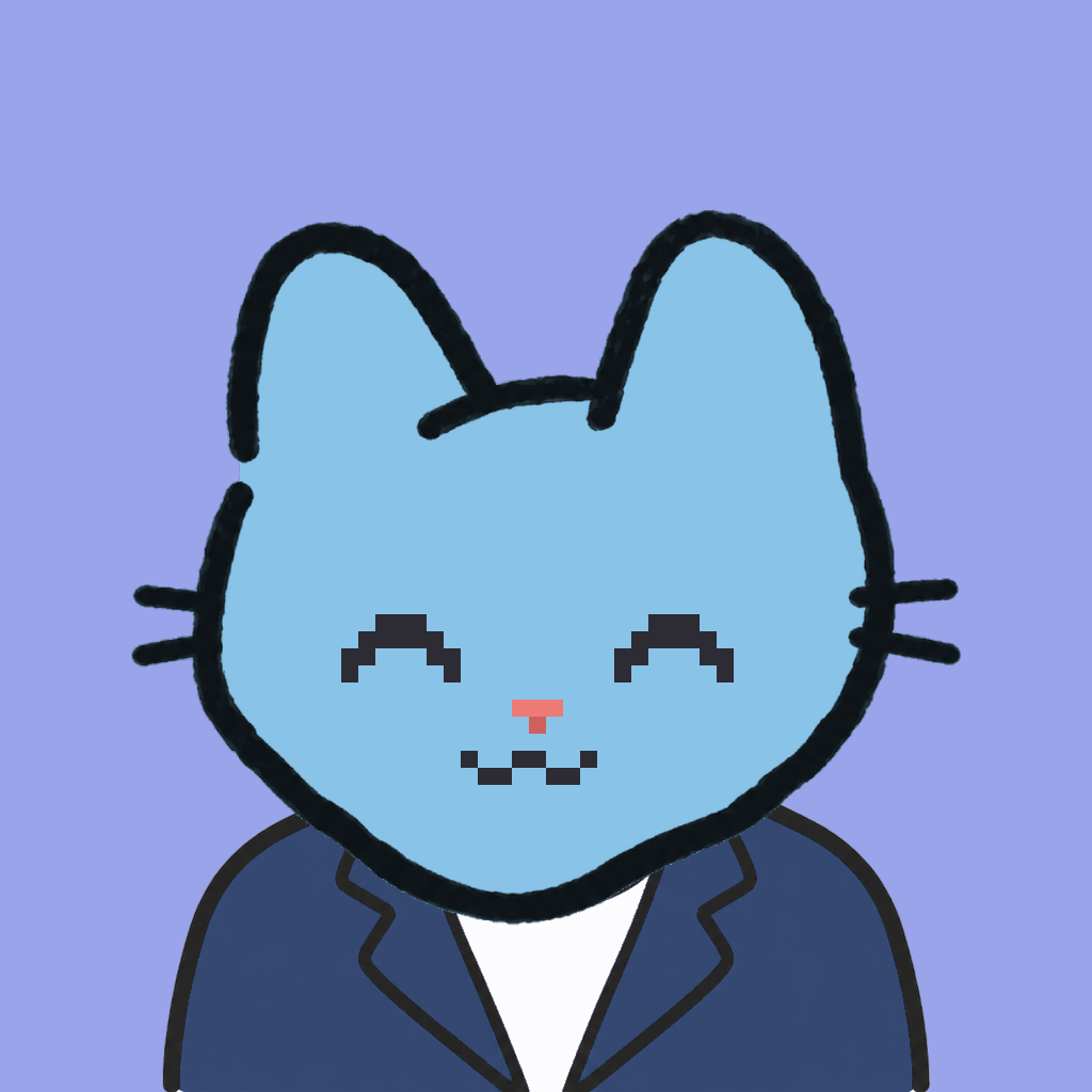Employee #0865 — a sky cat, in a navy suit, on periwinkle