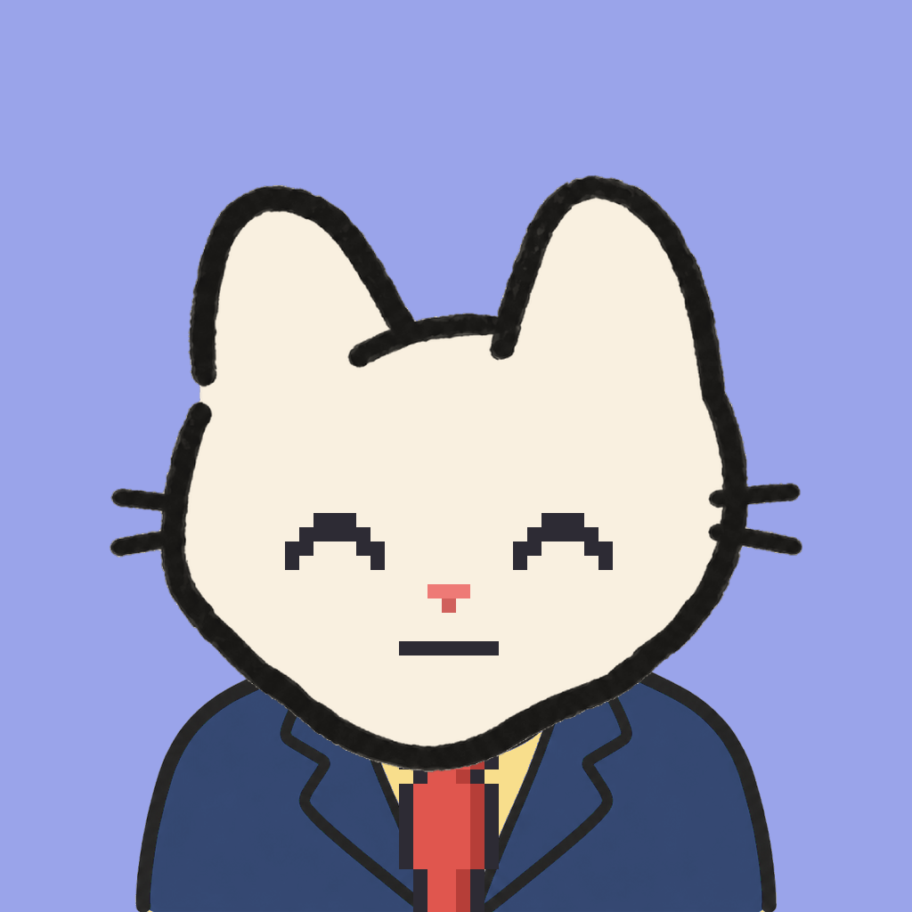 Employee #0866 — a cream cat, in a navy suit, with a red tie, on periwinkle