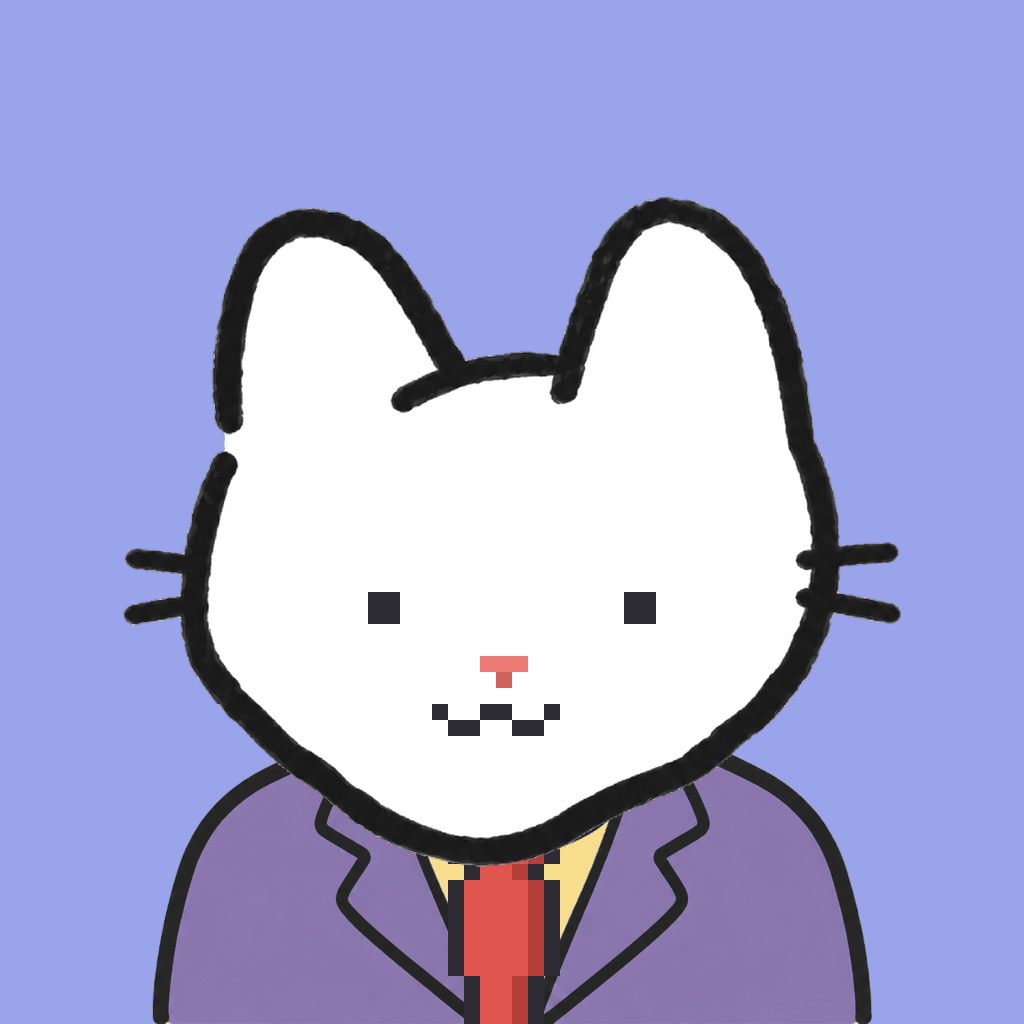 Employee #0867 — a white cat, in a lavender suit, with a red tie, on periwinkle