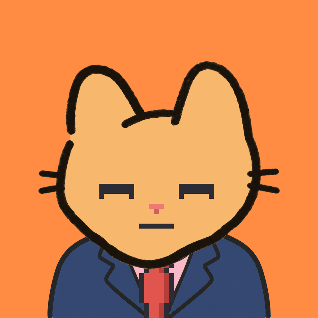 Employee #0868 — a tabby cat, in a navy suit, with a red tie, on tangerine