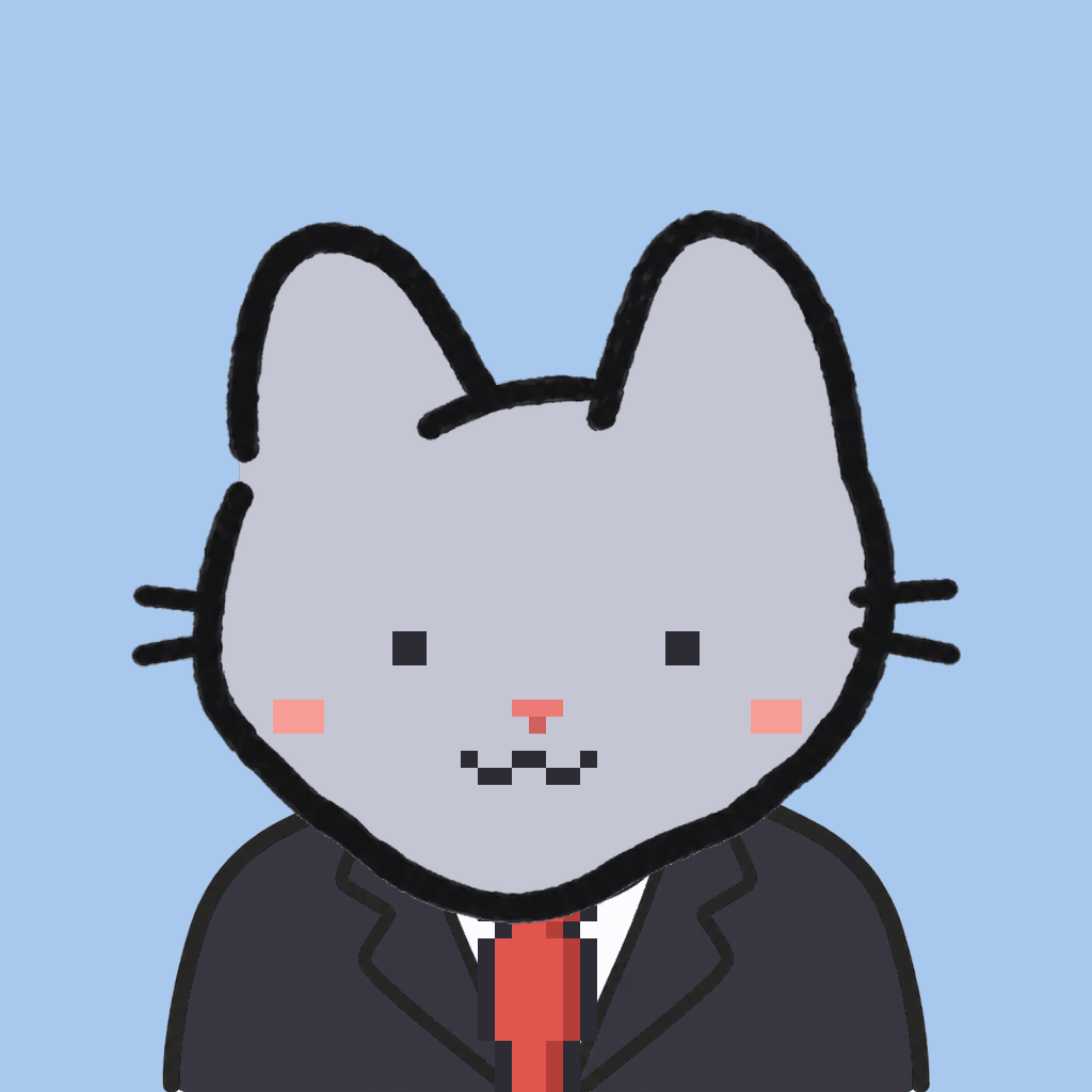 Employee #0869 — a gray cat, in a black suit, with a red tie, on sky