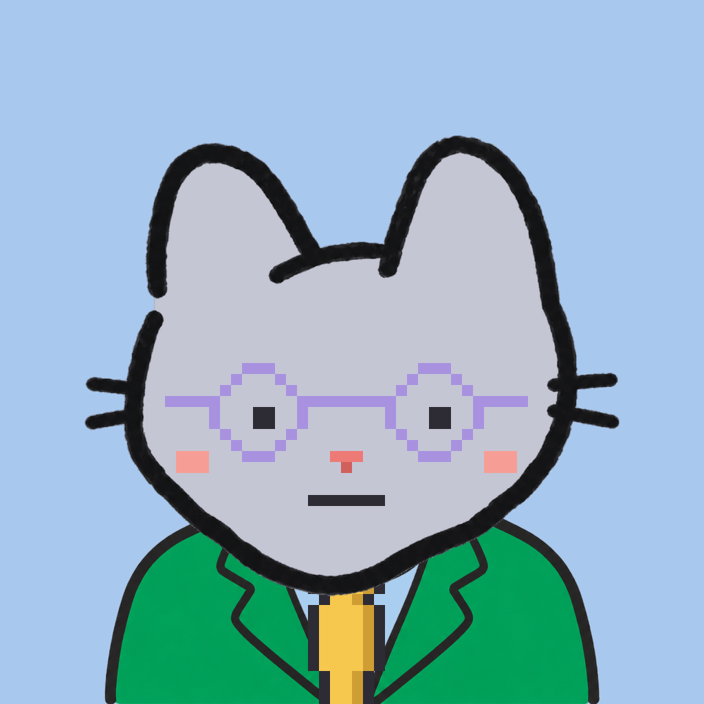 Employee #0087 — a gray cat, in a green suit, with a gold tie, wearing round-lavender glasses, on sky