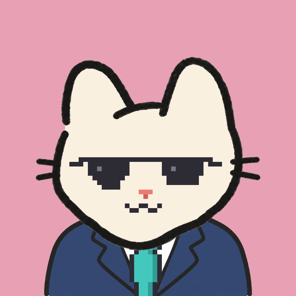 Employee #0870 — a cream cat, in a navy suit, with a teal tie, wearing shades glasses, on rose