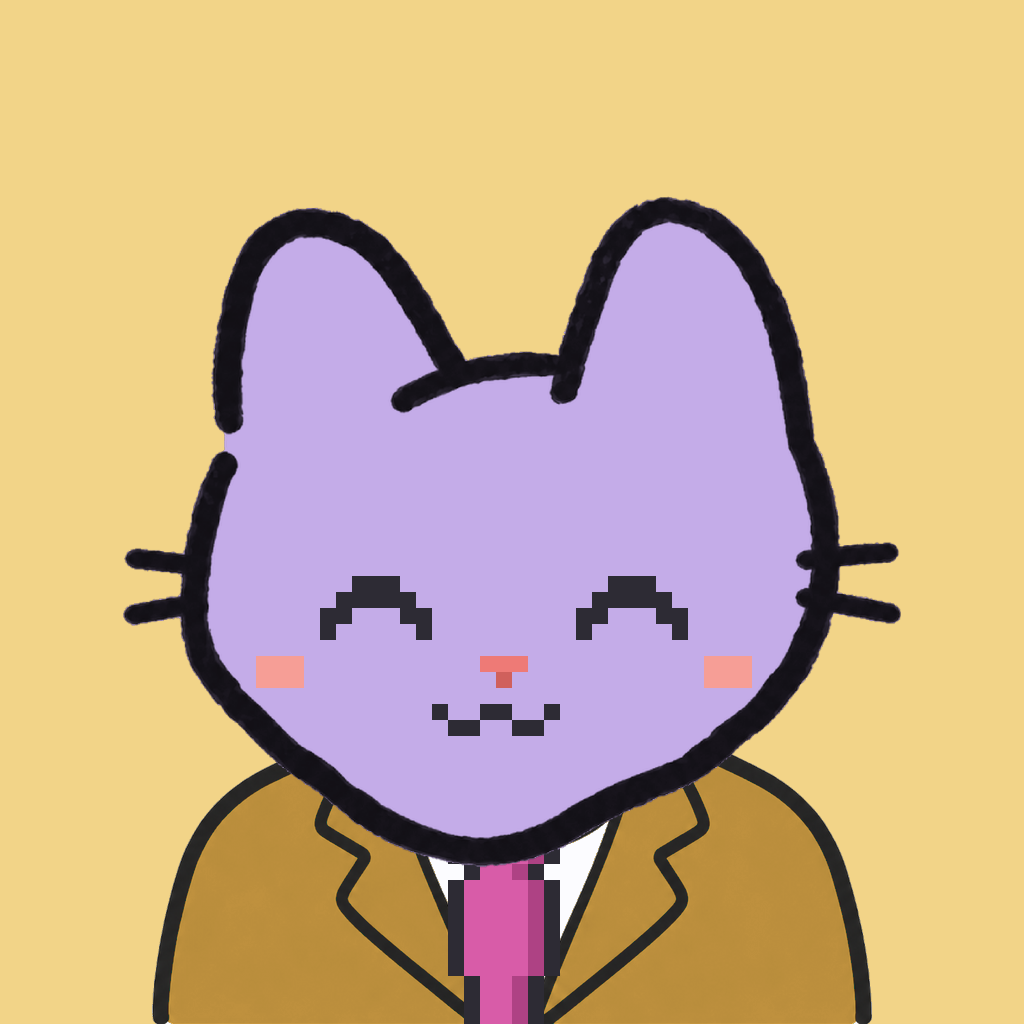 Employee #0871 — a lavender cat, in a mustard suit, with a magenta tie, on butter