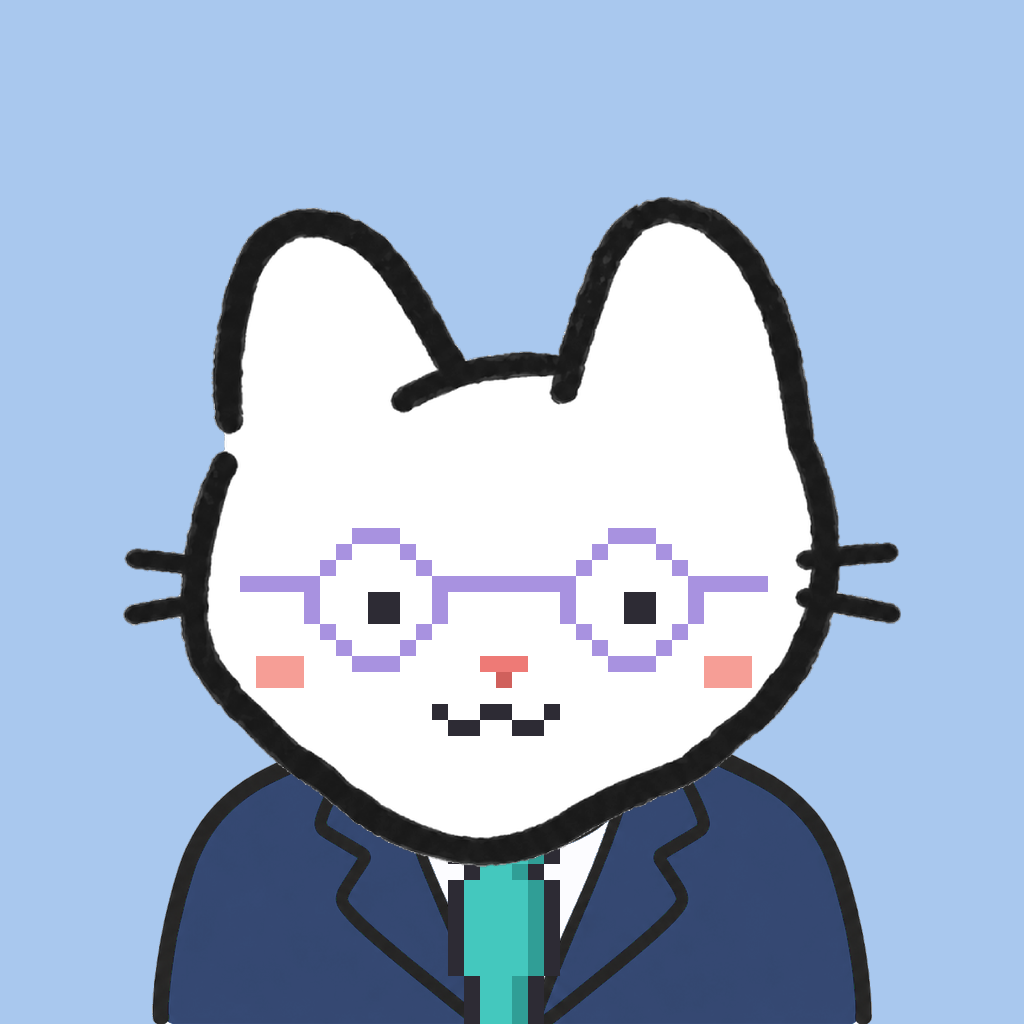 Employee #0872 — a white cat, in a navy suit, with a teal tie, wearing round-lavender glasses, on sky
