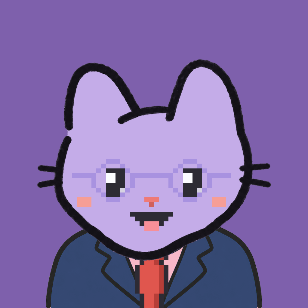 Employee #0873 — a lavender cat, in a navy suit, with a red tie, wearing round-lavender glasses, on plasma violet