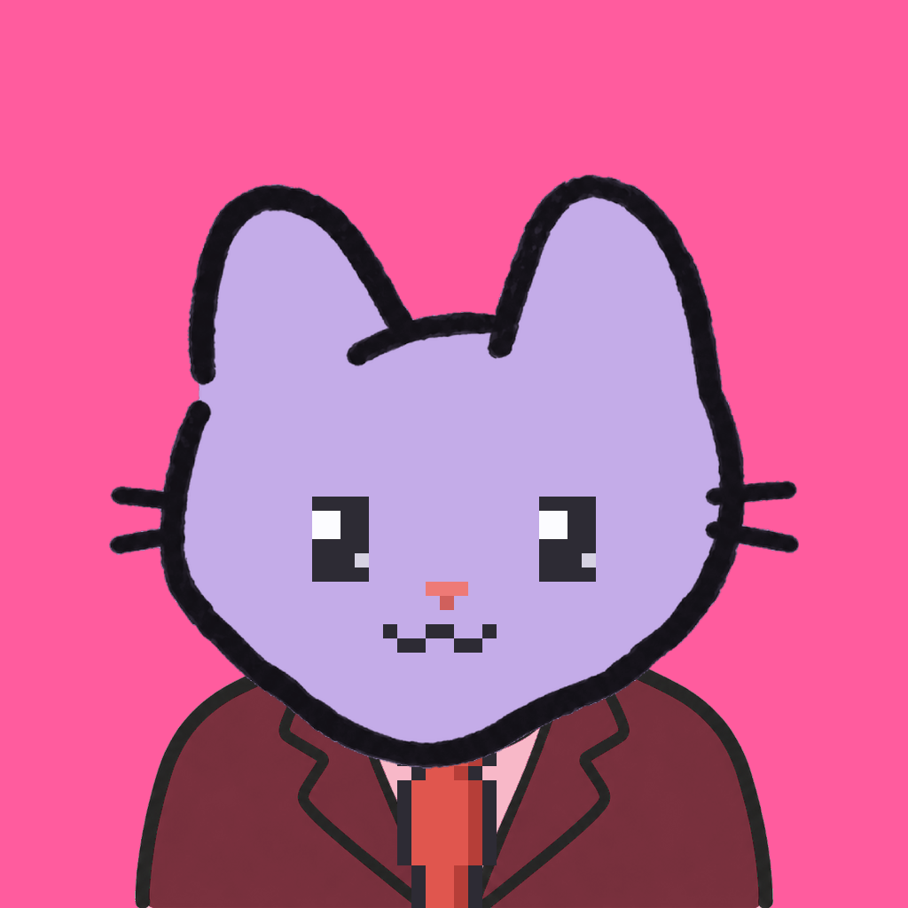 Employee #0874 — a lavender cat, in a burgundy suit, with a red tie, on hot pink