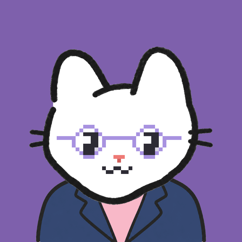 Employee #0875 — a white cat, in a navy suit, wearing round-lavender glasses, on plasma violet