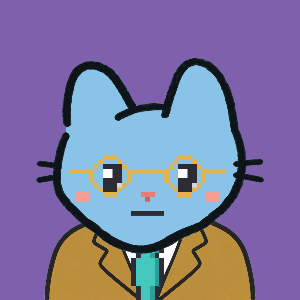 Employee #0877 — a sky cat, in a mustard suit, with a teal tie, wearing round-gold glasses, on plasma violet