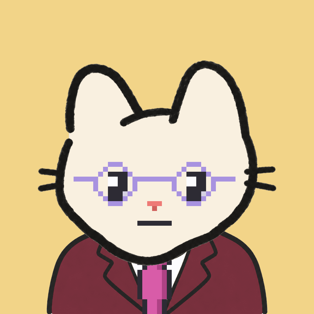 Employee #0878 — a cream cat, in a burgundy suit, with a magenta tie, wearing round-lavender glasses, on butter