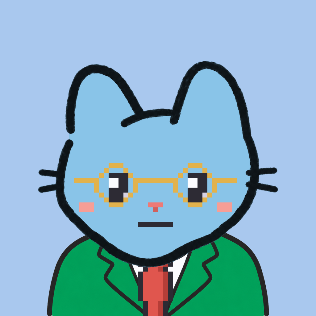 Employee #0879 — a sky cat, in a green suit, with a red tie, wearing round-gold glasses, on sky