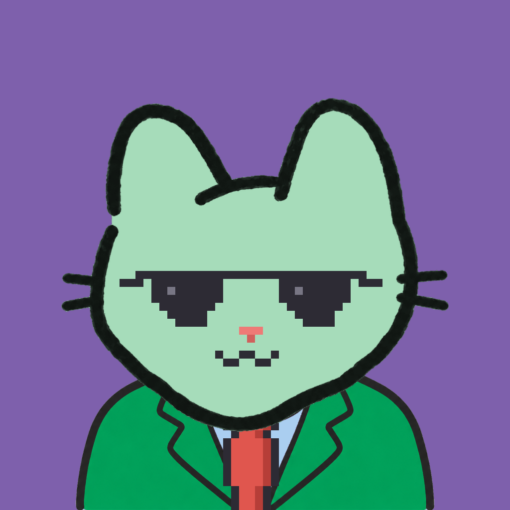 Employee #0088 — a mint cat, in a green suit, with a red tie, wearing shades glasses, on plasma violet