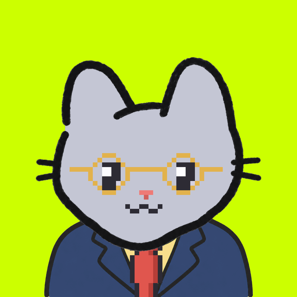 Employee #0880 — a gray cat, in a navy suit, with a red tie, wearing round-gold glasses, on volt