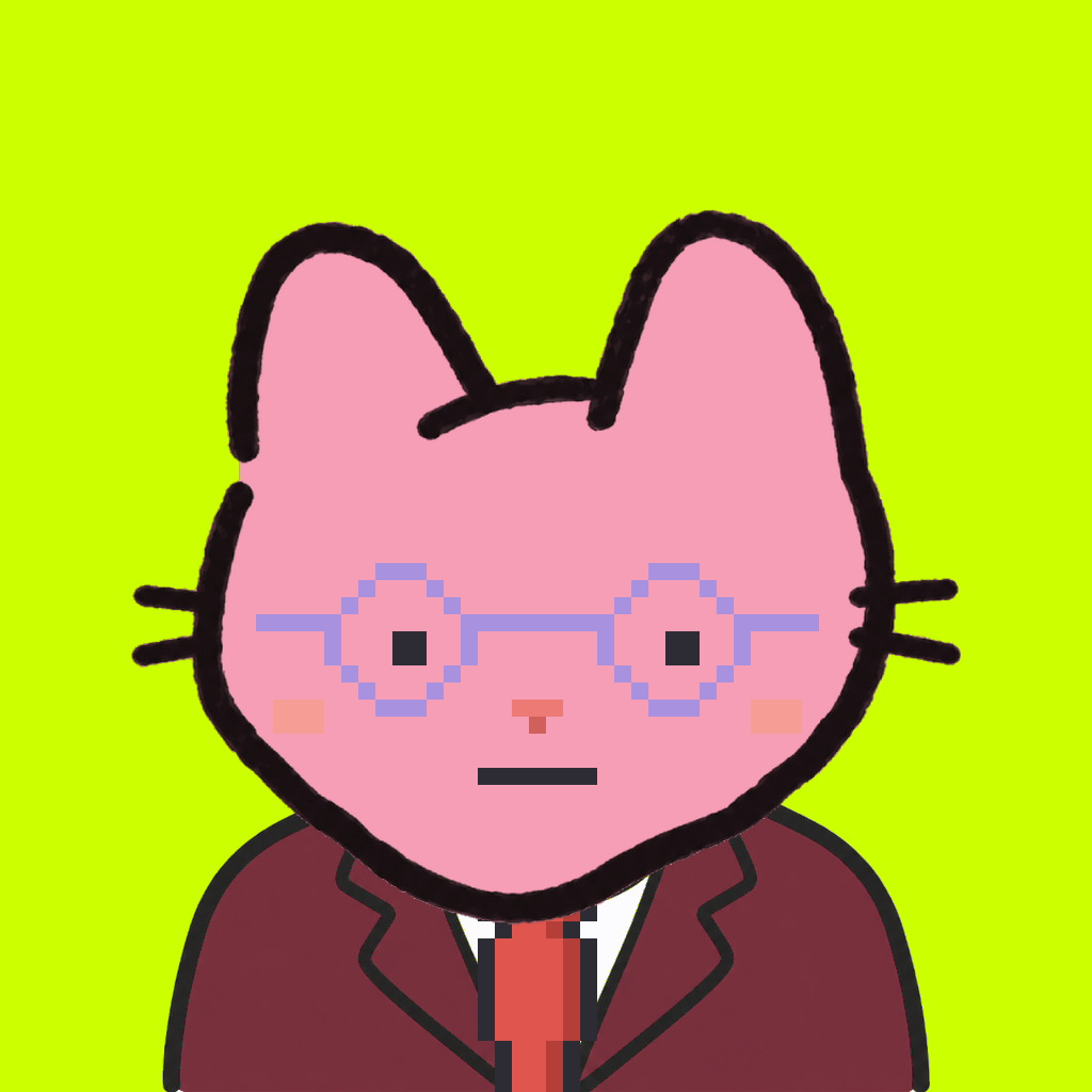 Employee #0881 — a pink cat, in a burgundy suit, with a red tie, wearing round-lavender glasses, on volt