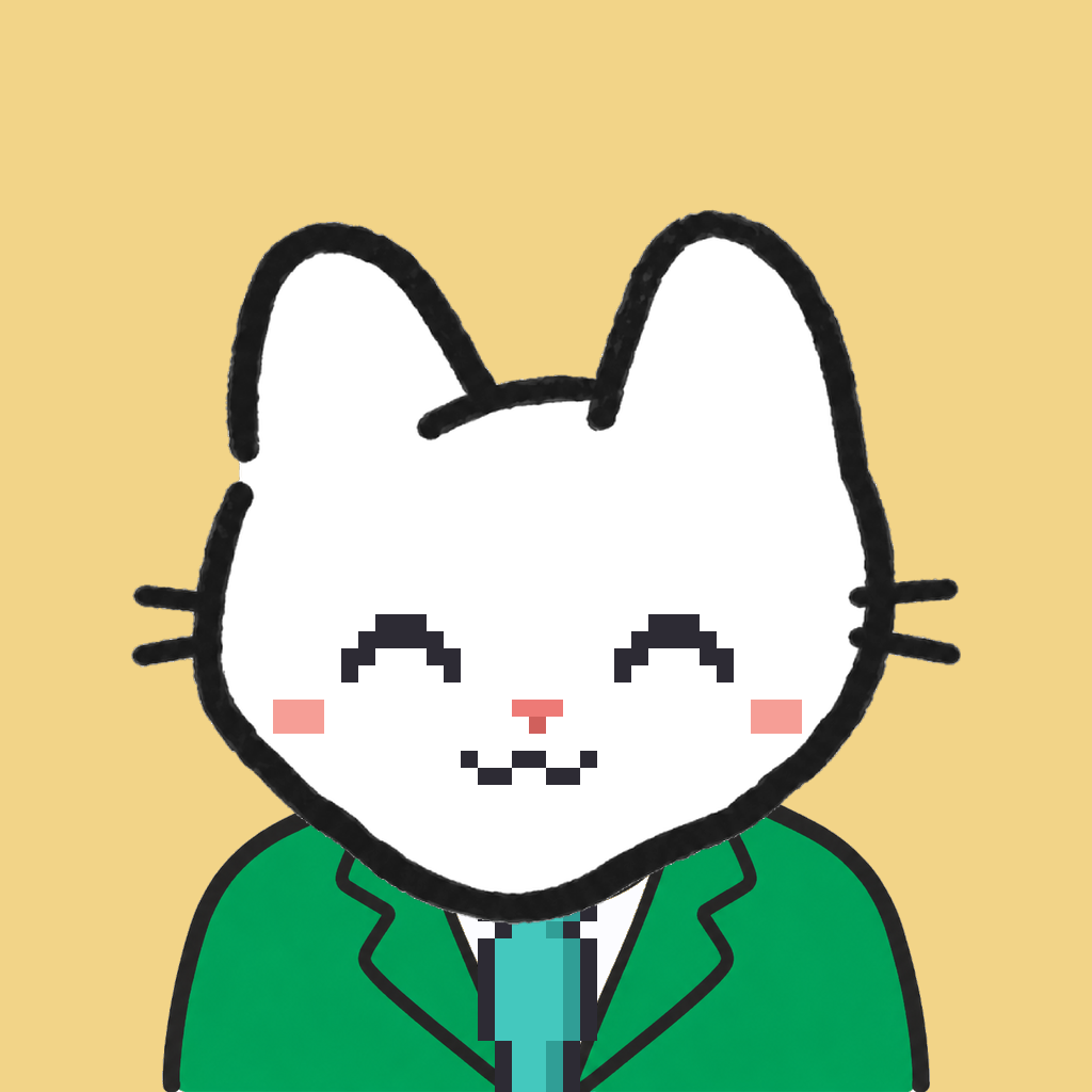 Employee #0882 — a white cat, in a green suit, with a teal tie, on butter
