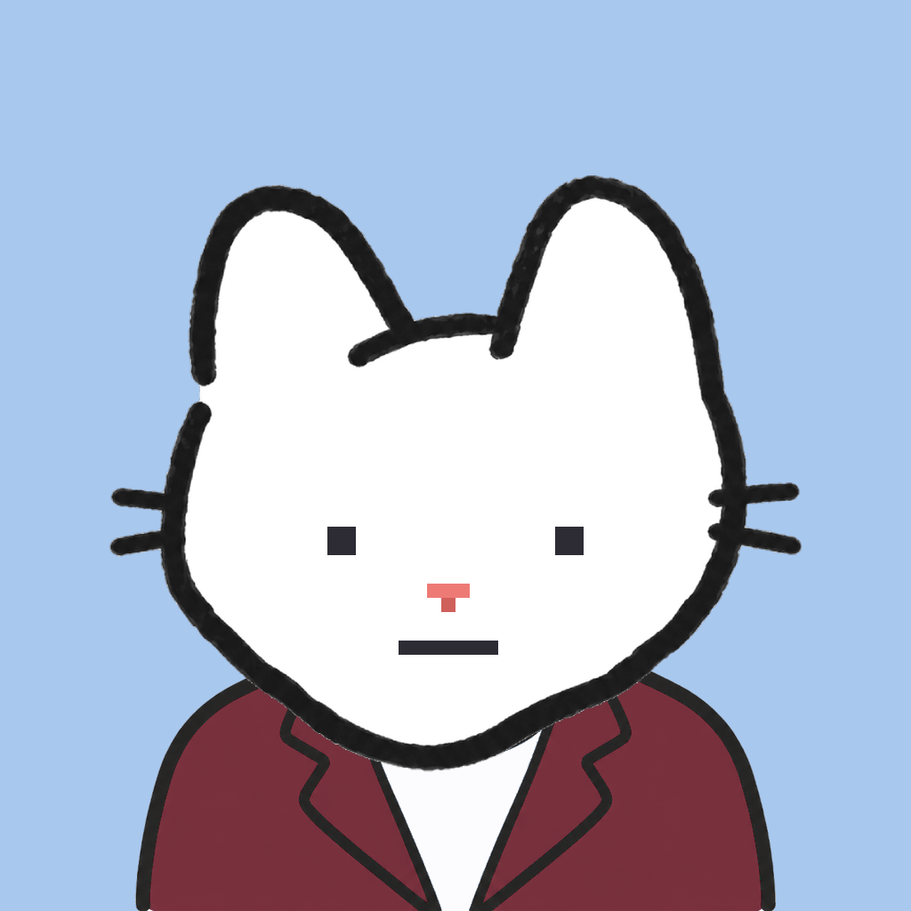 Employee #0883 — a white cat, in a burgundy suit, on sky