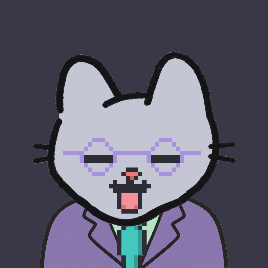 Employee #0884 — a gray cat, in a lavender suit, with a teal tie, wearing round-lavender glasses, on charcoal