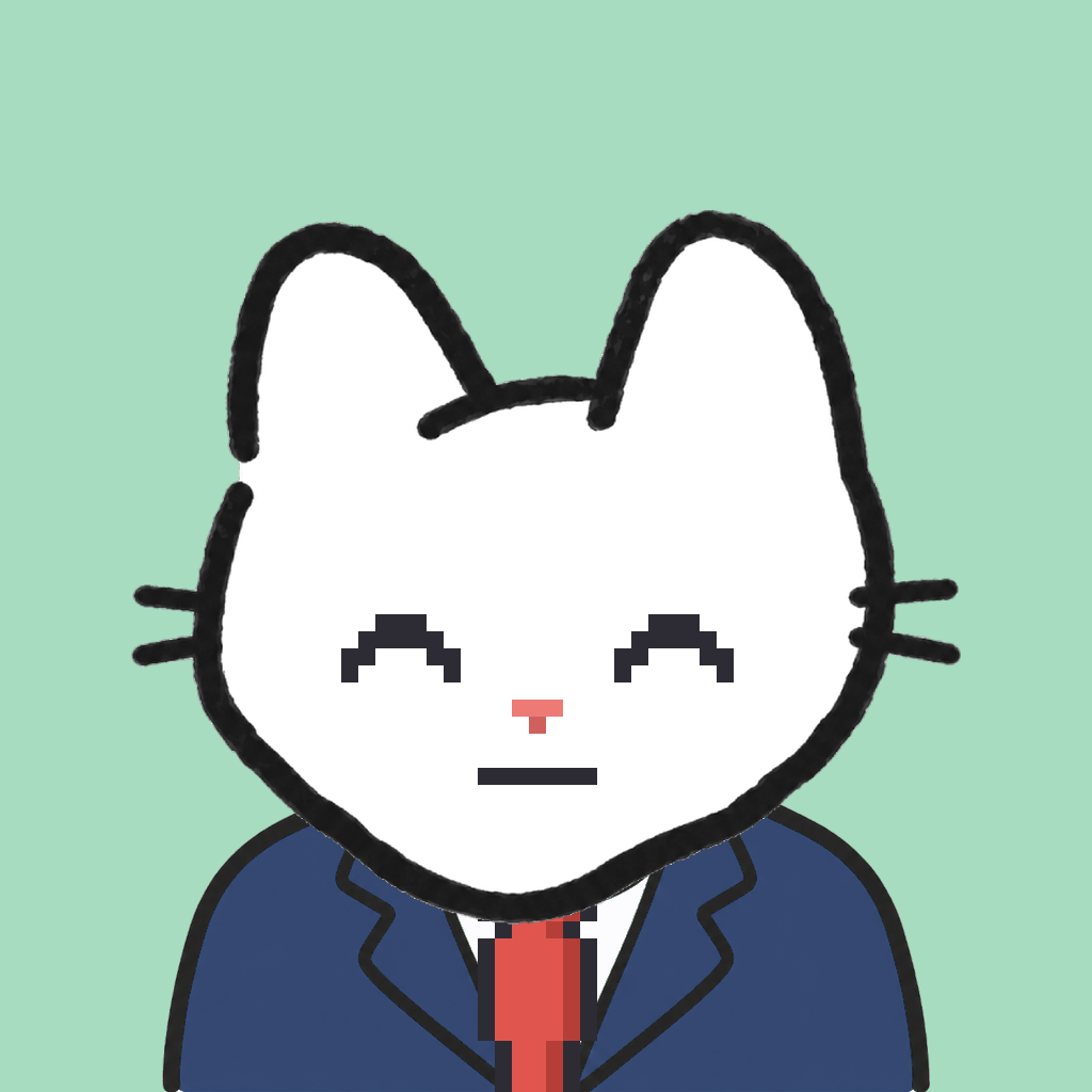Employee #0885 — a white cat, in a navy suit, with a red tie, on mint