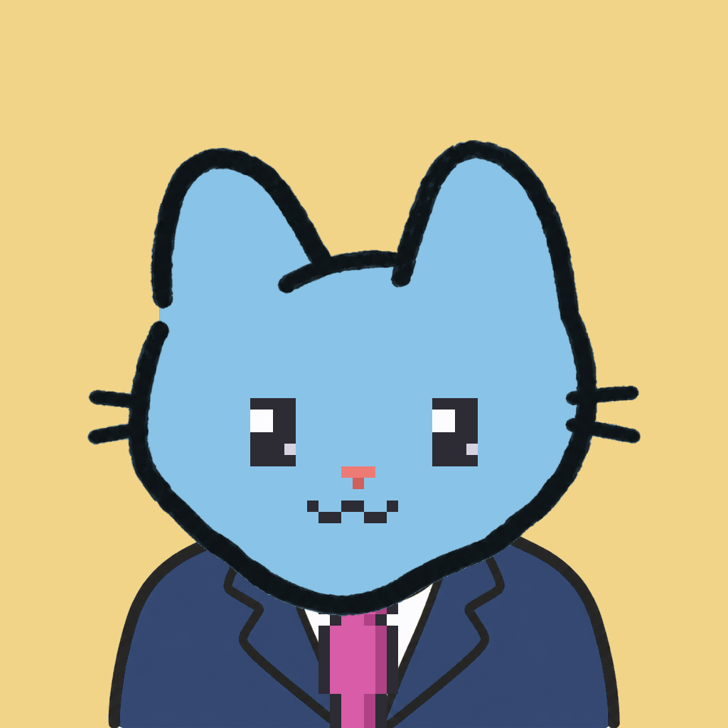 Employee #0886 — a sky cat, in a navy suit, with a magenta tie, on butter