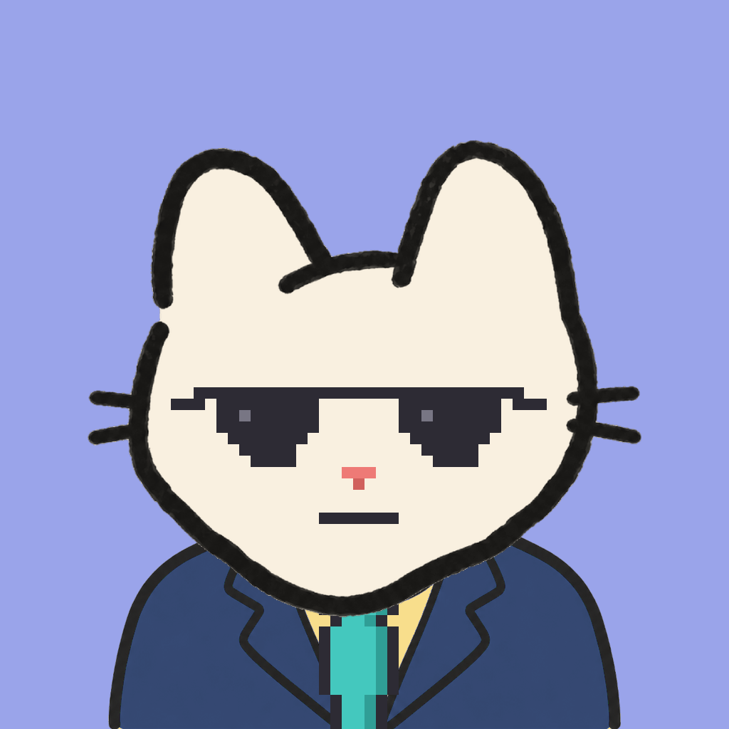 Employee #0887 — a cream cat, in a navy suit, with a teal tie, wearing shades glasses, on periwinkle