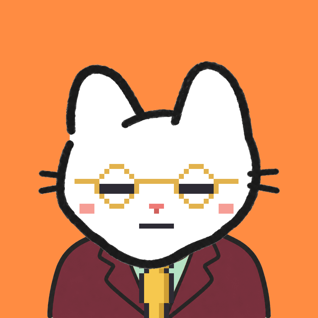 Employee #0888 — a white cat, in a burgundy suit, with a gold tie, wearing round-gold glasses, on tangerine