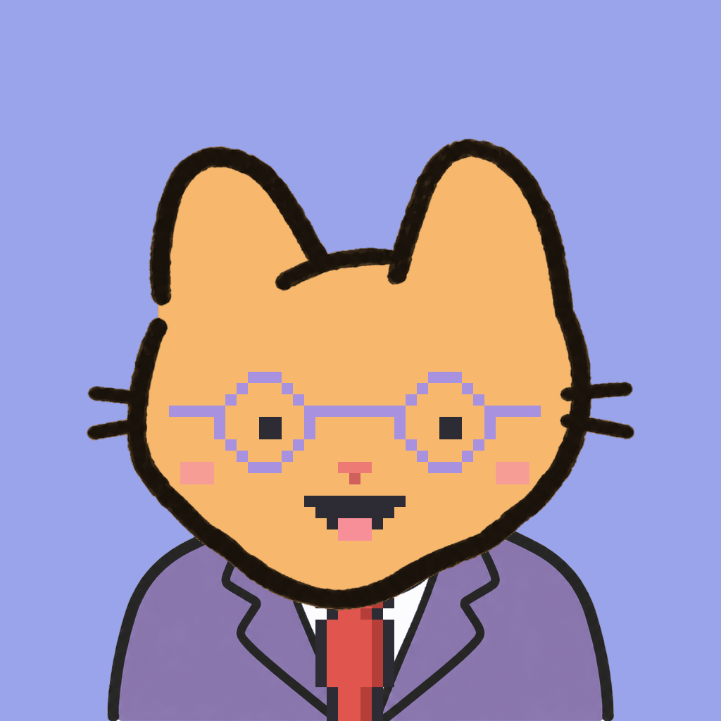 Employee #0889 — a tabby cat, in a lavender suit, with a red tie, wearing round-lavender glasses, on periwinkle