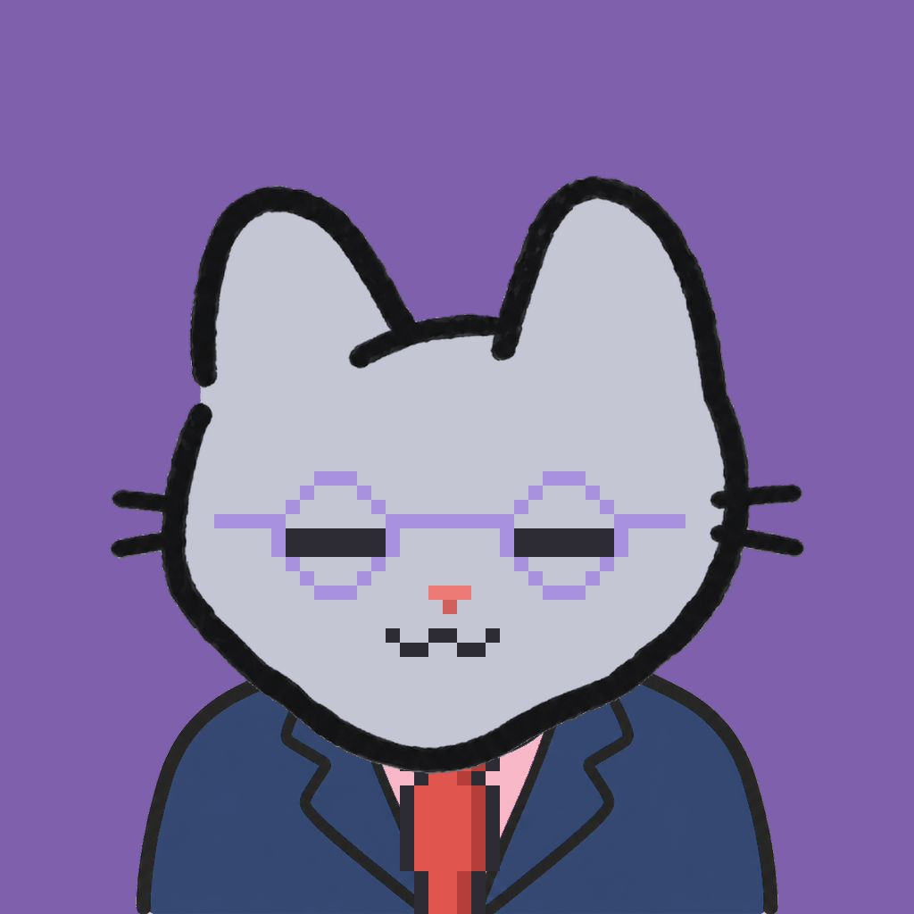 Employee #0089 — a gray cat, in a navy suit, with a red tie, wearing round-lavender glasses, on plasma violet