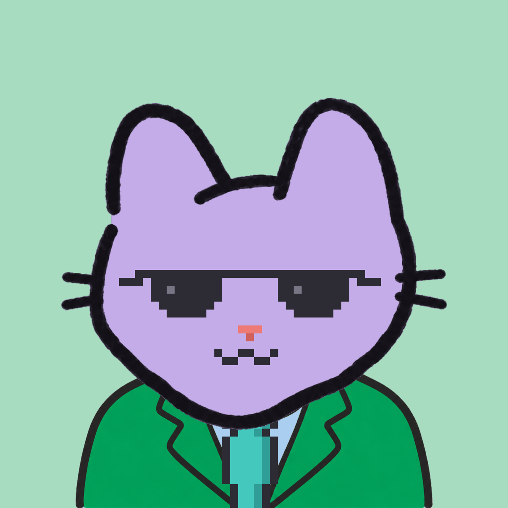 Employee #0890 — a lavender cat, in a green suit, with a teal tie, wearing shades glasses, on mint