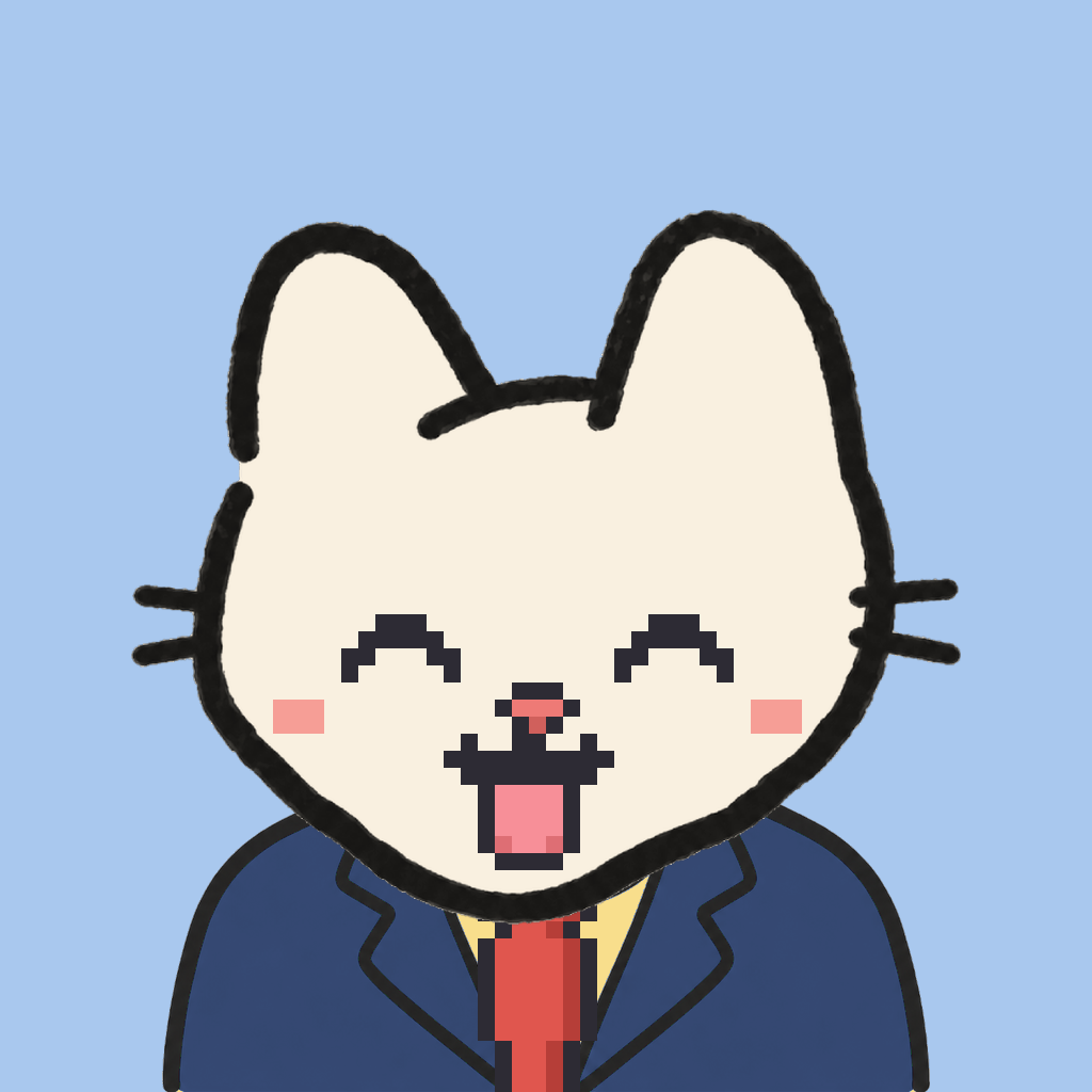 Employee #0891 — a cream cat, in a navy suit, with a red tie, on sky