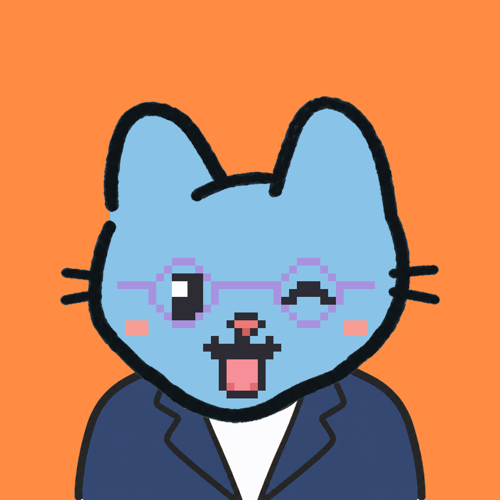 Employee #0893 — a sky cat, in a navy suit, wearing round-lavender glasses, on tangerine
