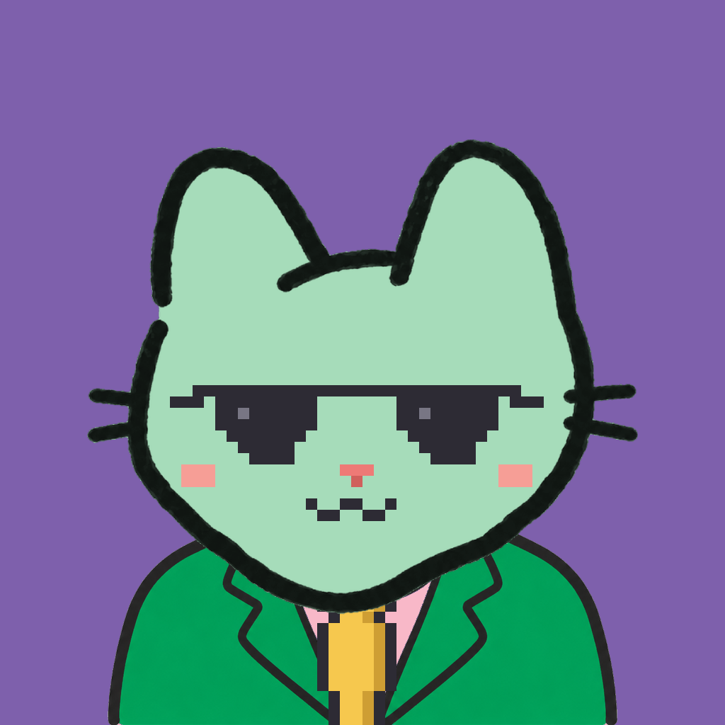 Employee #0894 — a mint cat, in a green suit, with a gold tie, wearing shades glasses, on plasma violet