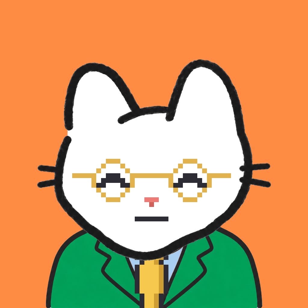 Employee #0896 — a white cat, in a green suit, with a gold tie, wearing round-gold glasses, on tangerine