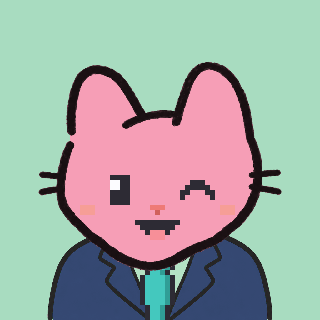 Employee #0897 — a pink cat, in a navy suit, with a teal tie, on mint
