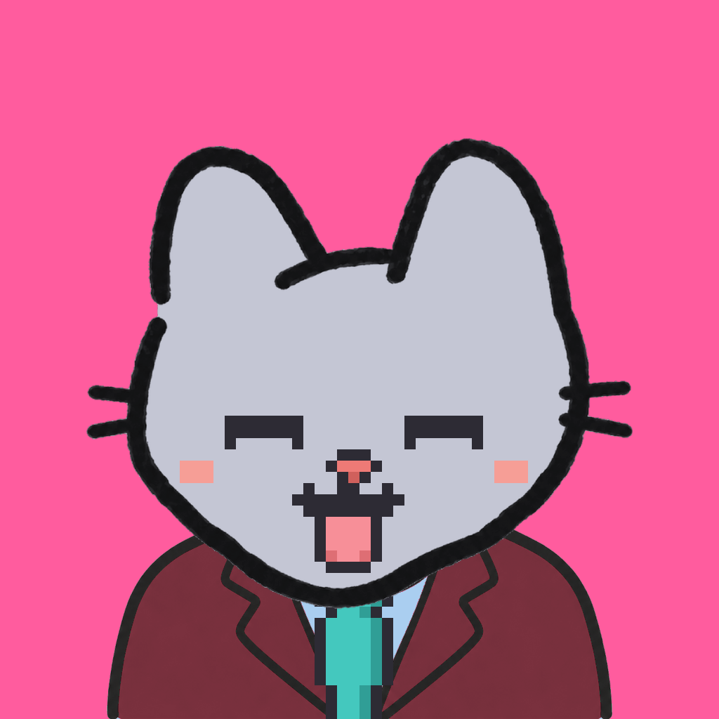 Employee #0898 — a gray cat, in a burgundy suit, with a teal tie, on hot pink