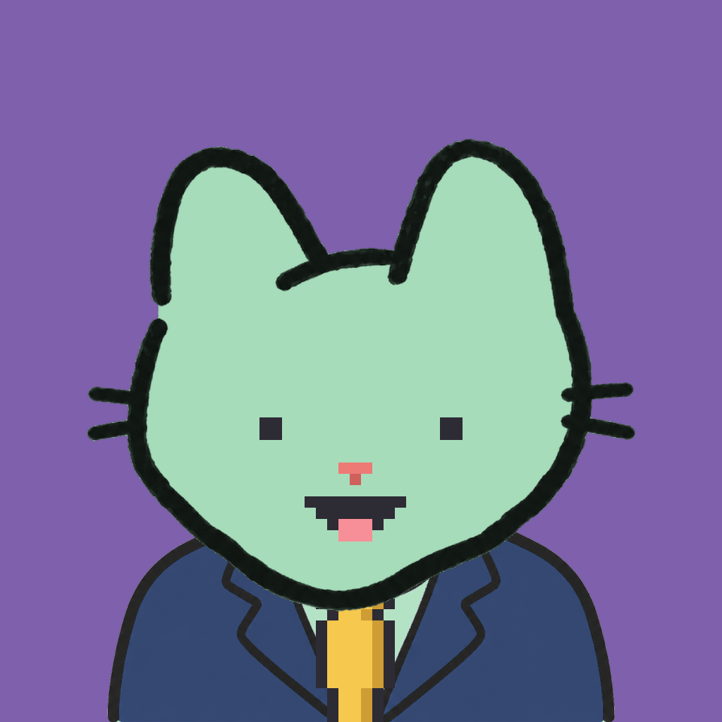 Employee #0899 — a mint cat, in a navy suit, with a gold tie, on plasma violet