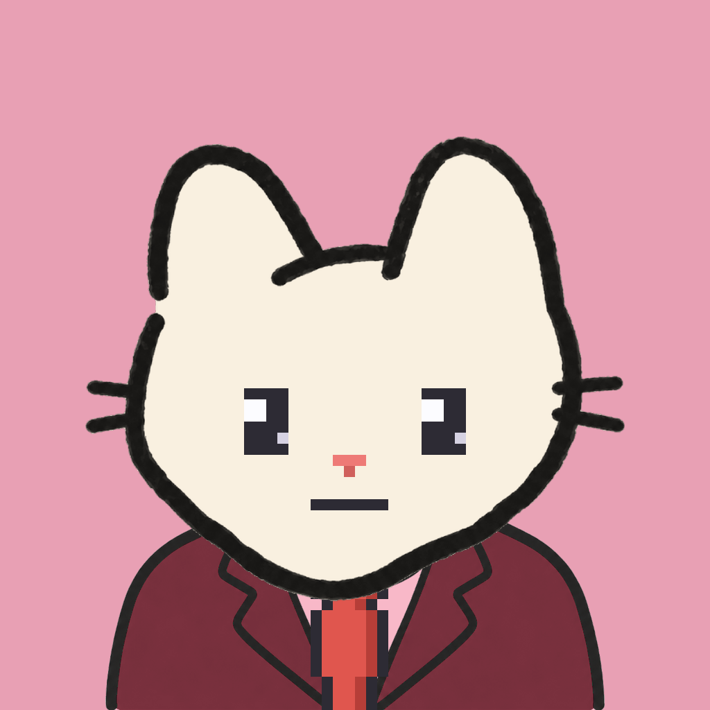 Employee #0009 — a cream cat, in a burgundy suit, with a red tie, on rose