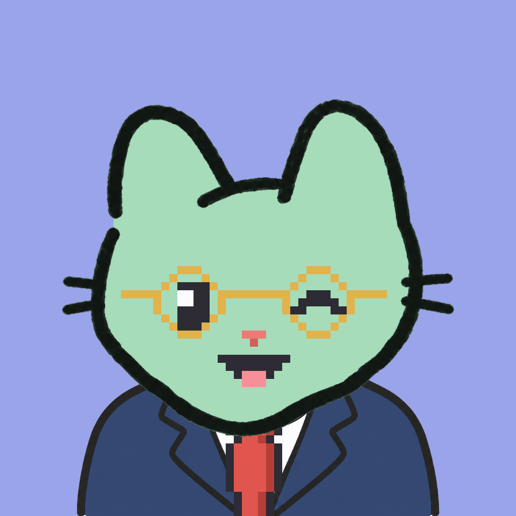 Employee #0090 — a mint cat, in a navy suit, with a red tie, wearing round-gold glasses, on periwinkle