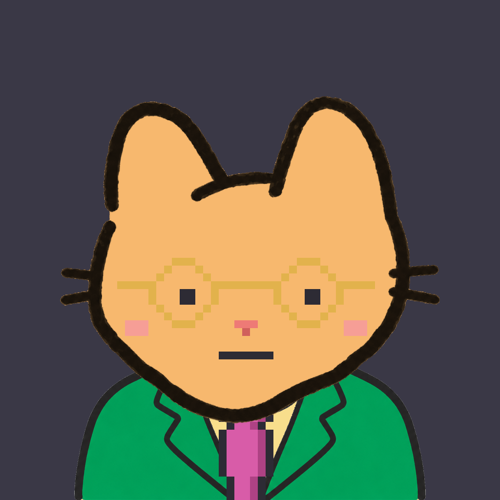 Employee #0900 — a tabby cat, in a green suit, with a magenta tie, wearing round-gold glasses, on charcoal