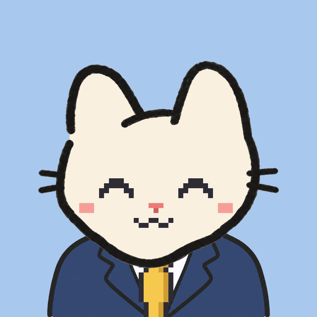 Employee #0901 — a cream cat, in a navy suit, with a gold tie, on sky