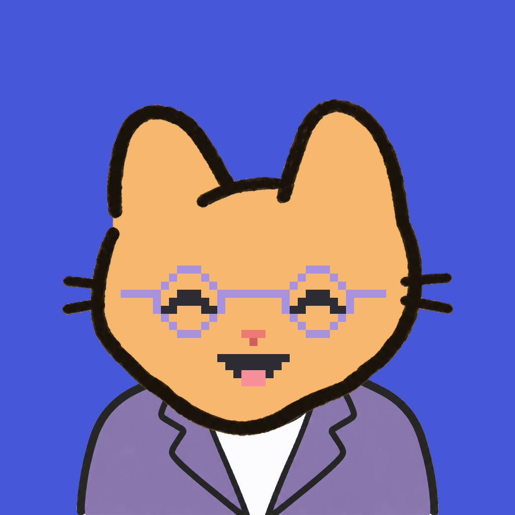 Employee #0902 — a tabby cat, in a lavender suit, wearing round-lavender glasses, on royal