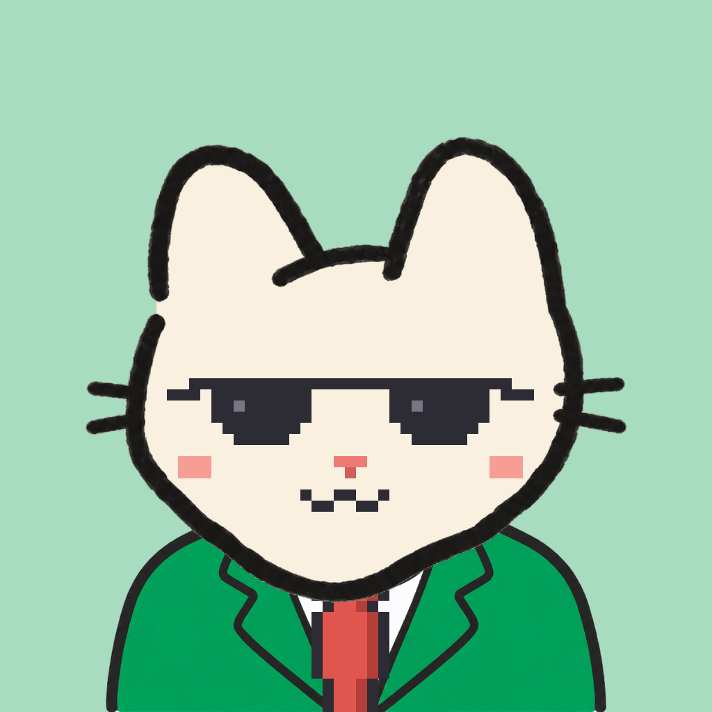 Employee #0903 — a cream cat, in a green suit, with a red tie, wearing shades glasses, on mint
