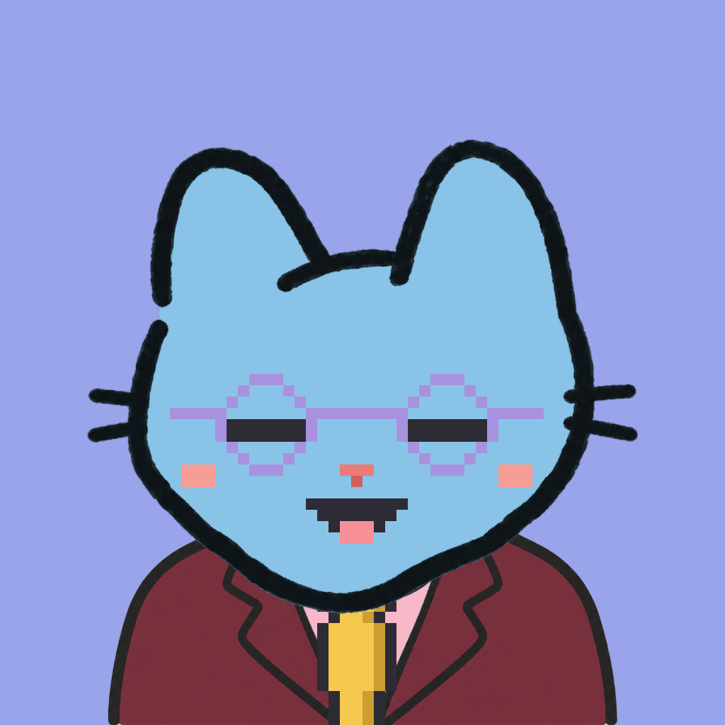 Employee #0904 — a sky cat, in a burgundy suit, with a gold tie, wearing round-lavender glasses, on periwinkle