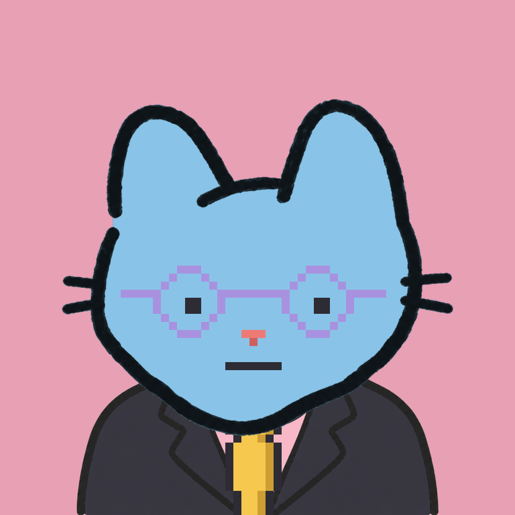 Employee #0905 — a sky cat, in a black suit, with a gold tie, wearing round-lavender glasses, on rose