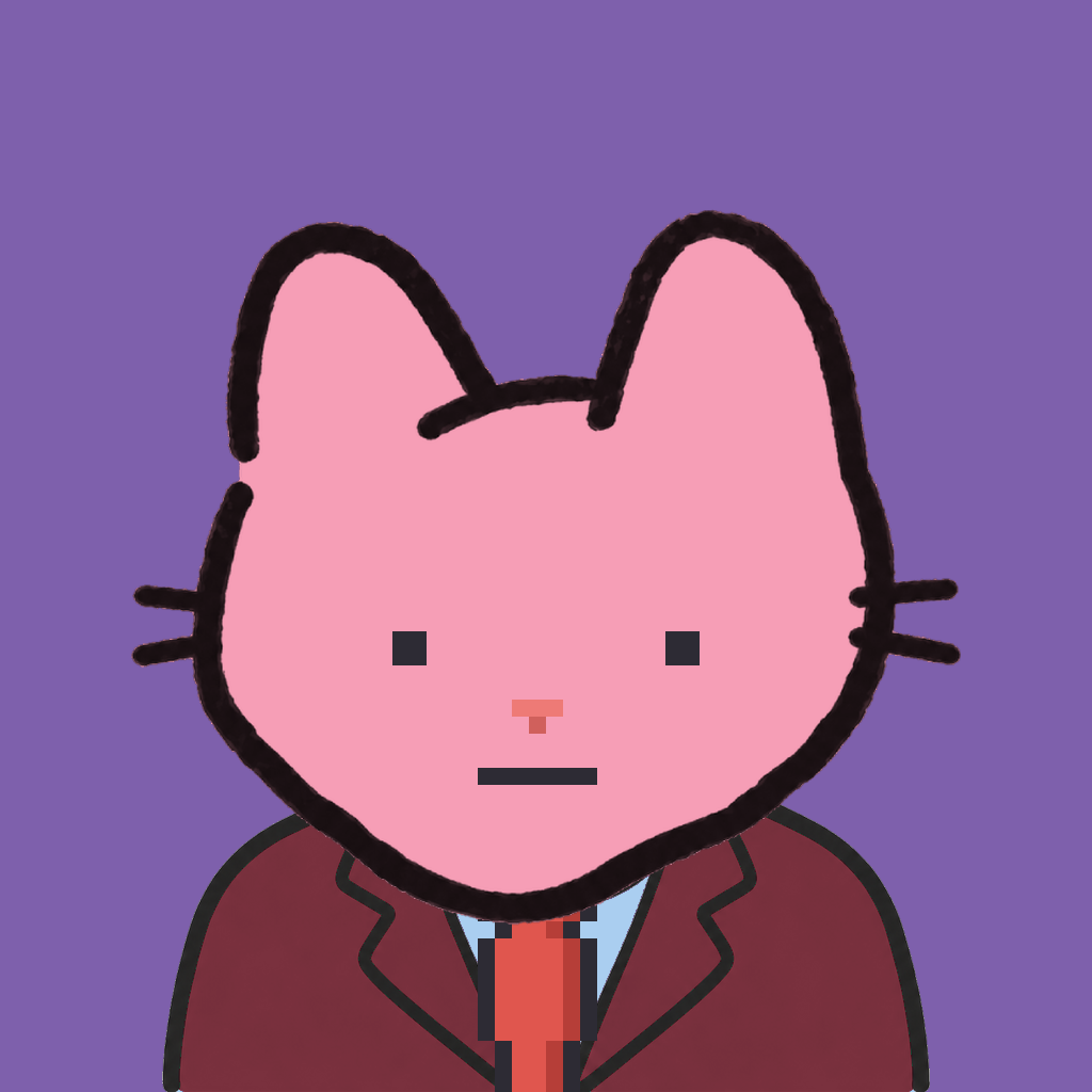 Employee #0906 — a pink cat, in a burgundy suit, with a red tie, on plasma violet